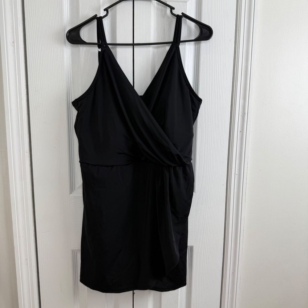 Lands End Swim Dress Size L 14-16 Black Surplice Wrap V-Neck Classic Minimalist‎
